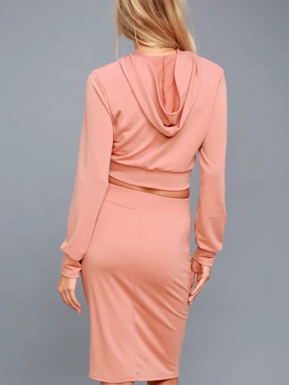 Lulu's Dusty Rose Gold Pink Cropped Hooded Sweatshirt & Midi Skirt Set Size XS - Picture 2 of 15